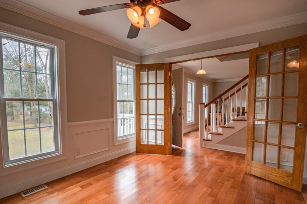 A close-up view of a rich brown hardwood floor